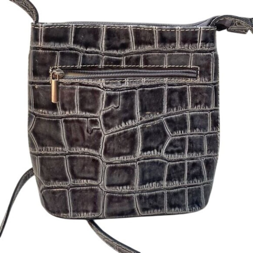 Borgonichio Genuine Leather Crossbody Bag Croc Embossed 7" x 7.5" x 2.5" Made In - Picture 2 of 8